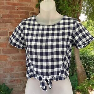 Maddie Navy Blue and White Gingam Front Tie Pull-over Blouse Size Large Summer ￼